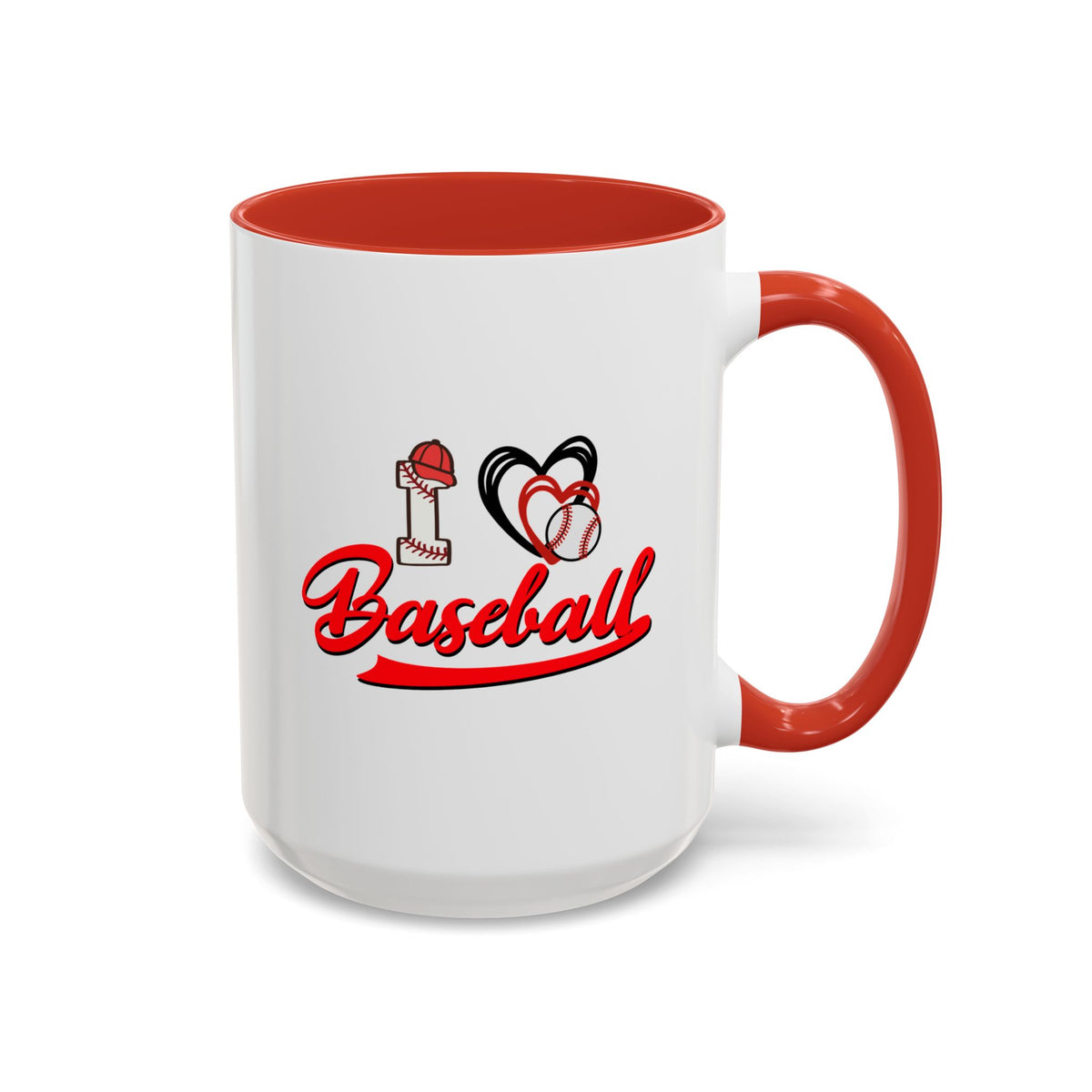 15oz white ceramic I Love Baseball mug with red handle and interior Right handed view