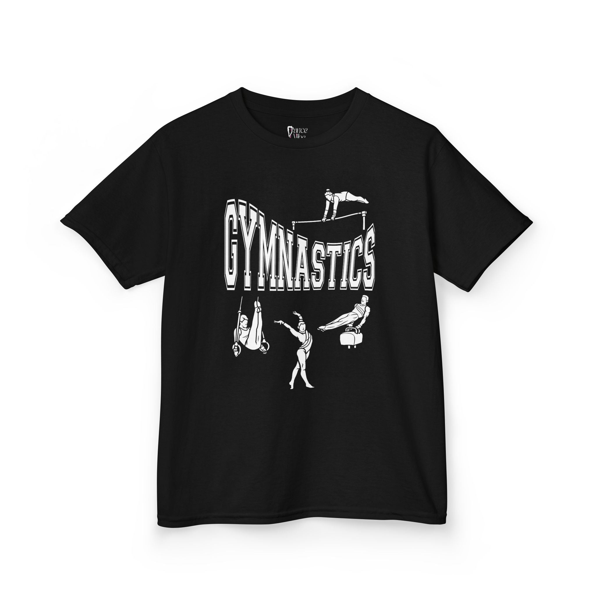 Front view of a youth Gildan 5000B heavy cotton t-shirt in black with a gymnastics text and graphic
