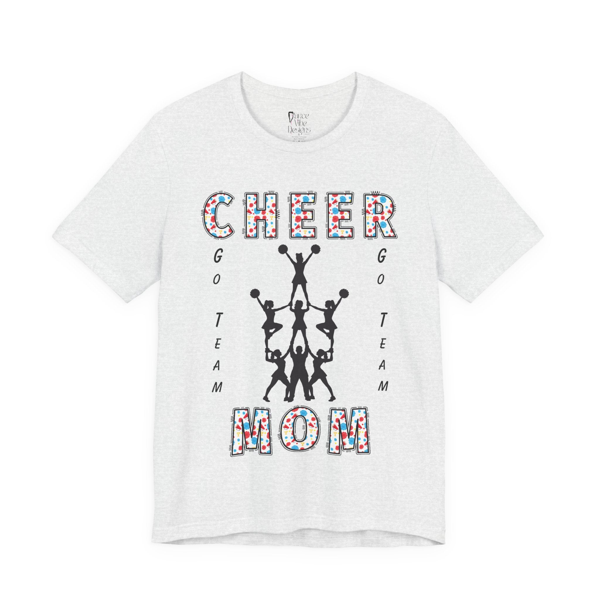 An ash short-sleeve crewneck t-shirt featuring a CHEER GO TEAM MOM graphic on the front. 
