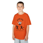 Young boy wearing a youth Gildan 5000B heavy cotton t-shirt in orange with a Bowling text and graphic