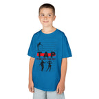 Young boy wearing a youth Gildan 5000B heavy cotton t-shirt in sapphire with a Tap text and design