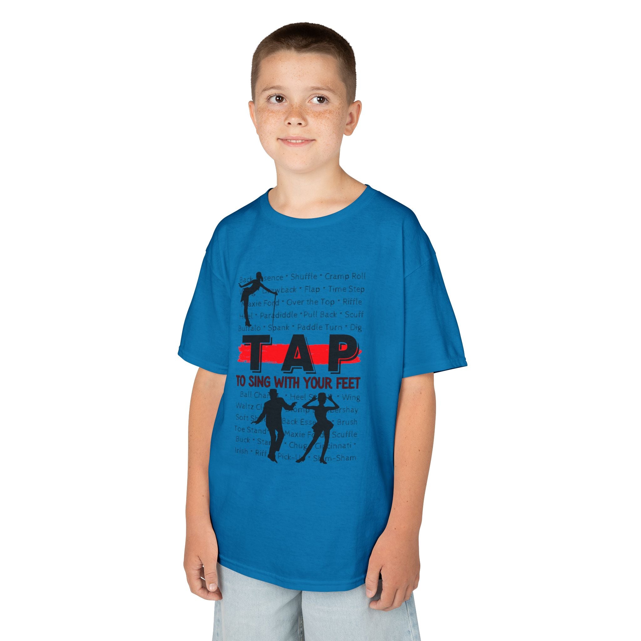 Young boy wearing a youth Gildan 5000B heavy cotton t-shirt in sapphire with a Tap text and design
