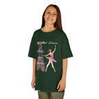 Young girl wearing a youth Gildan 5000B heavy cotton t-shirt in forest green with a Without Dance What's the Pointe design and graphic