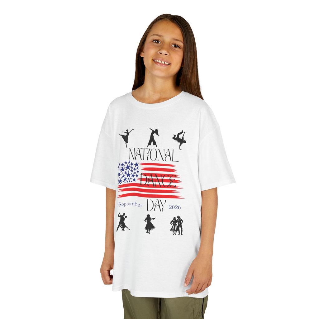 Young girl wearing a youth Gildan 5000B heavy cotton t-shirt in white with a National Dance Day theme