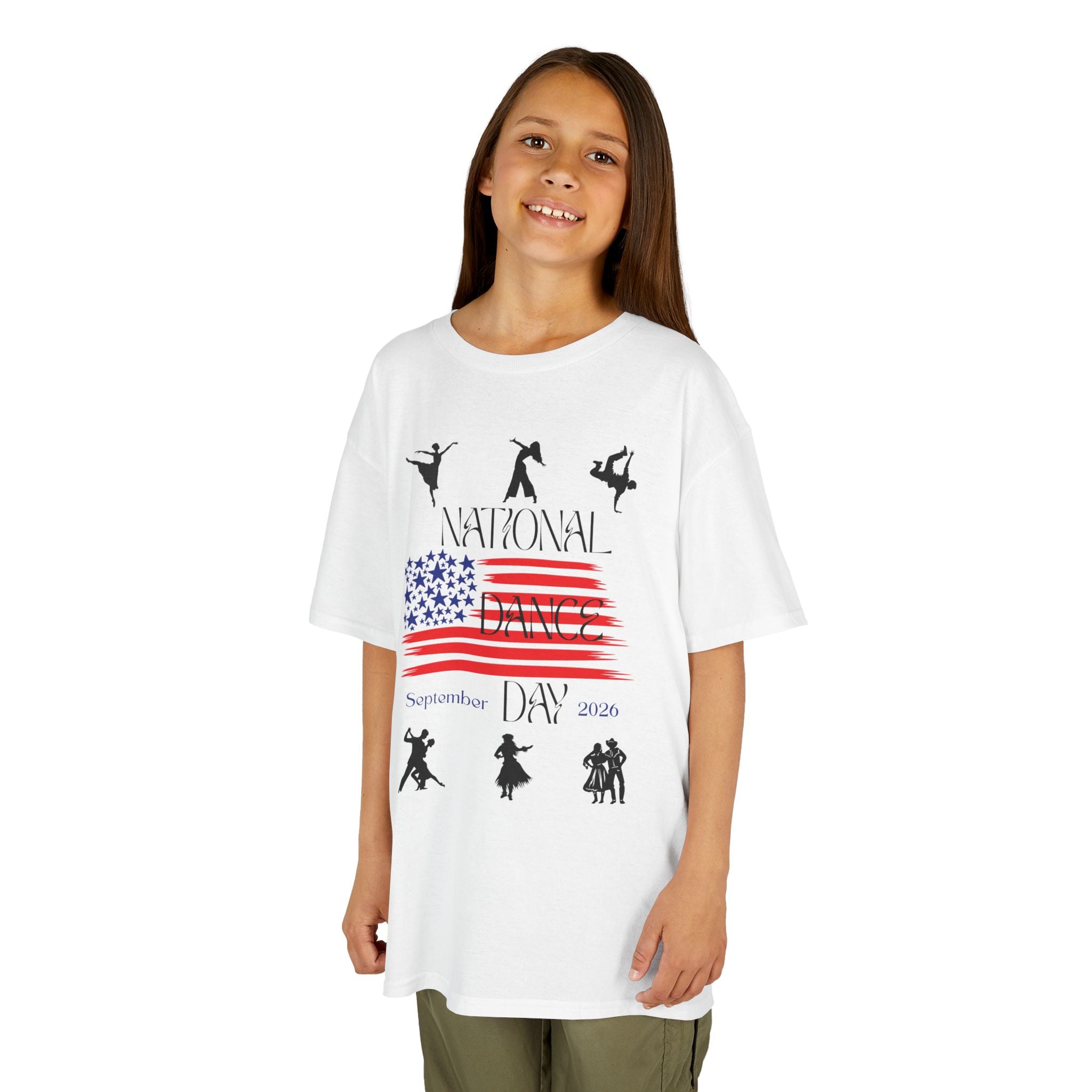 Young girl wearing a youth Gildan 5000B heavy cotton t-shirt in white with a National Dance Day theme