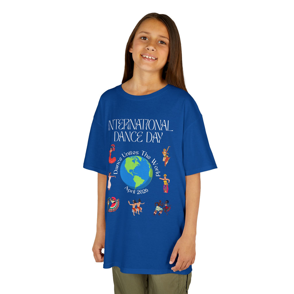 Young girl wearing a youth Gildan 5000B heavy cotton t-shirt in royal with an International Dance Day theme 