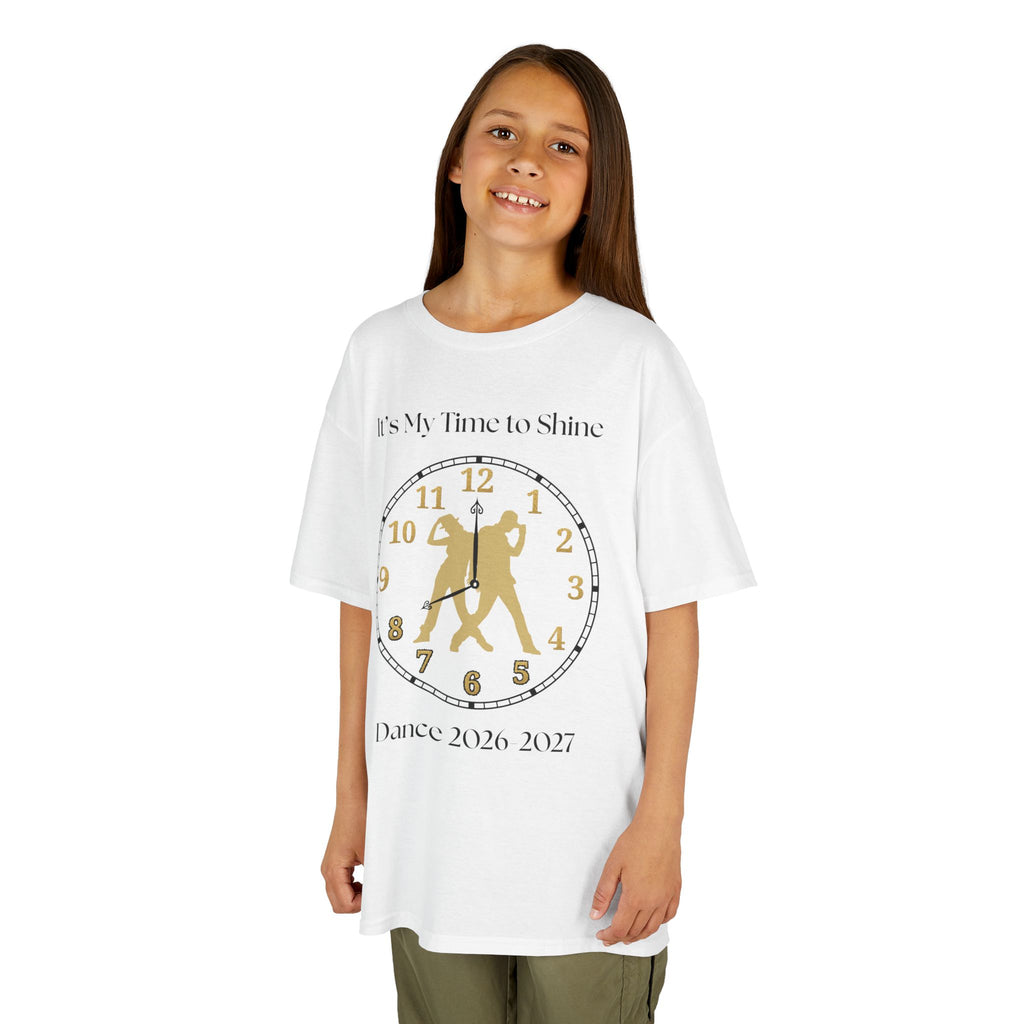 Young girl wearing a youth Gildan 5000B heavy cotton t-shirt in white with an It's My Time to Shine Hip Hop 2026-2027 theme