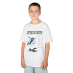 Young boy wearing a youth Gildan 5000B heavy cotton t-shirt in white with a Swimming text and graphic