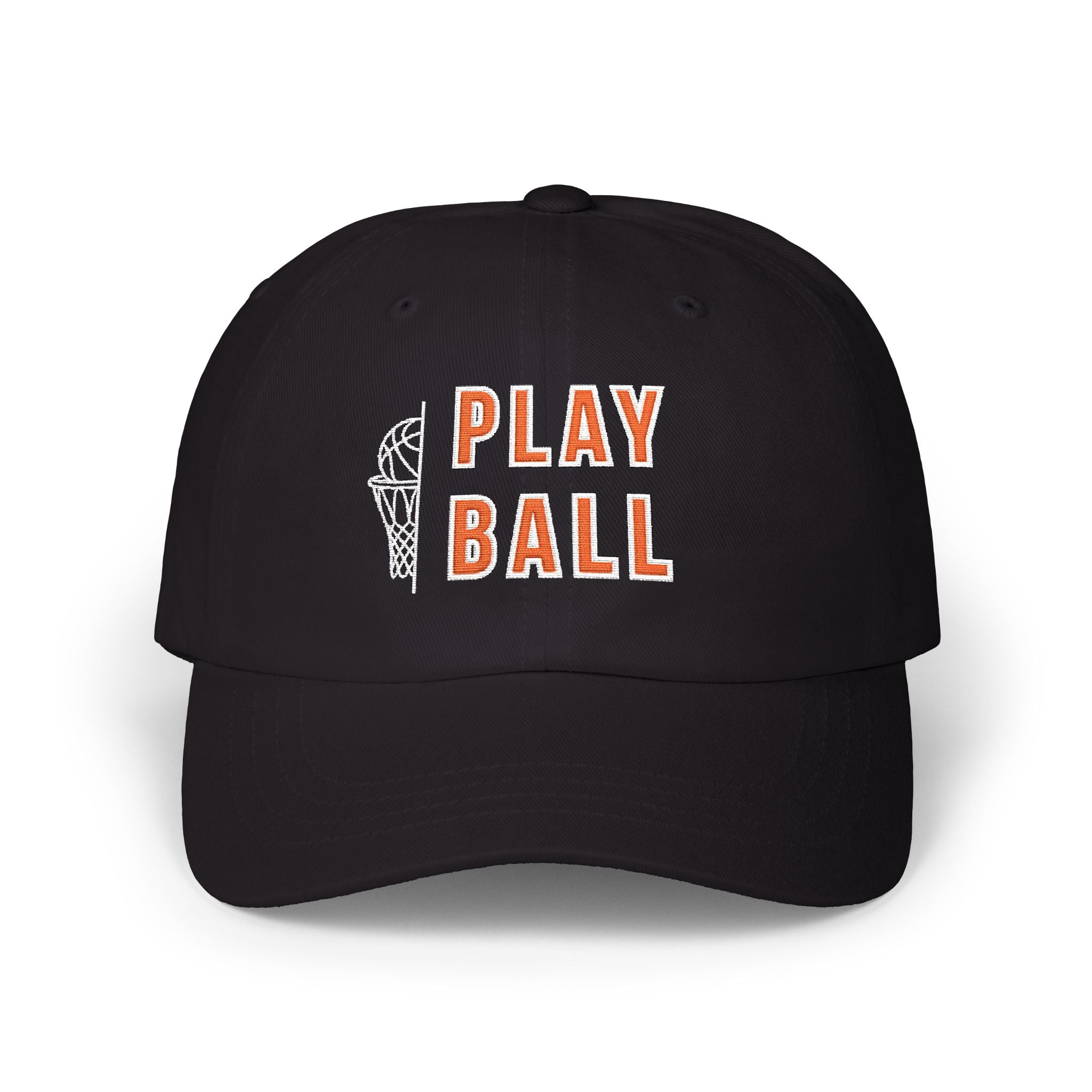 Black classic cap featuring an embroidered Play Ball text with basketball graphic.