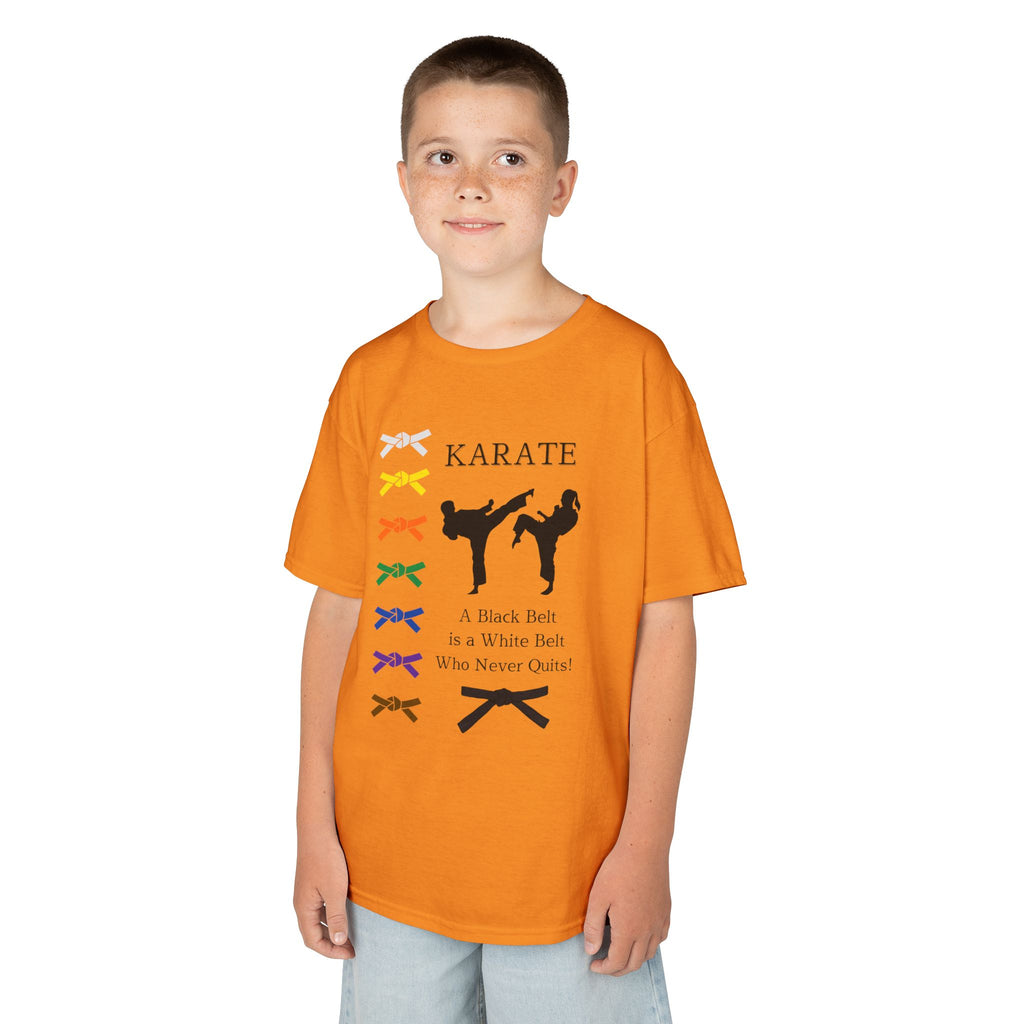 Young boy wearing a youth Gildan 5000B heavy cotton t-shirt in tennessee orange with a Karate text and graphic