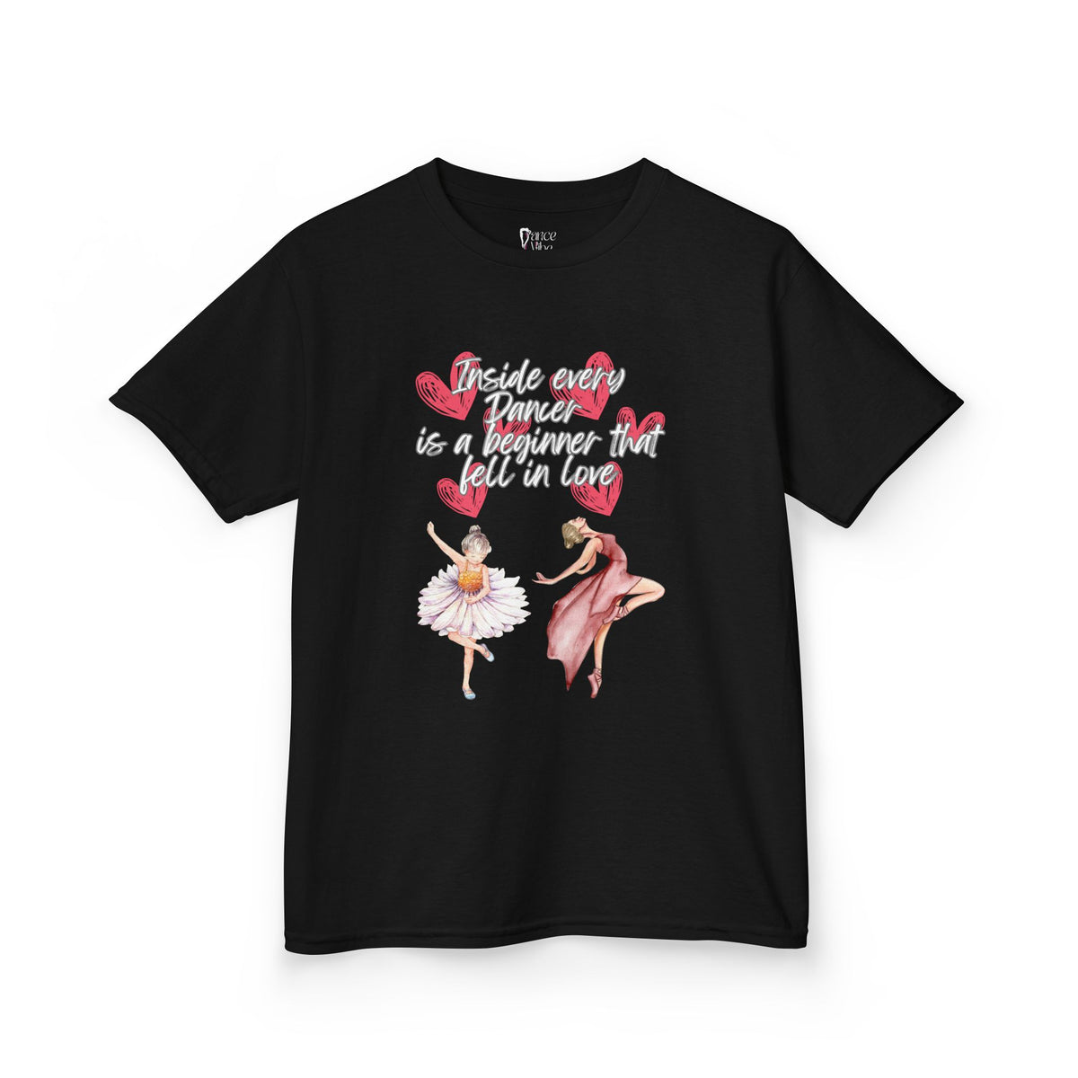 Front view of a youth Gildan 5000B heavy cotton t-shirt in black with an Inside Every Dancer is a Beginner that Fell in Love theme
