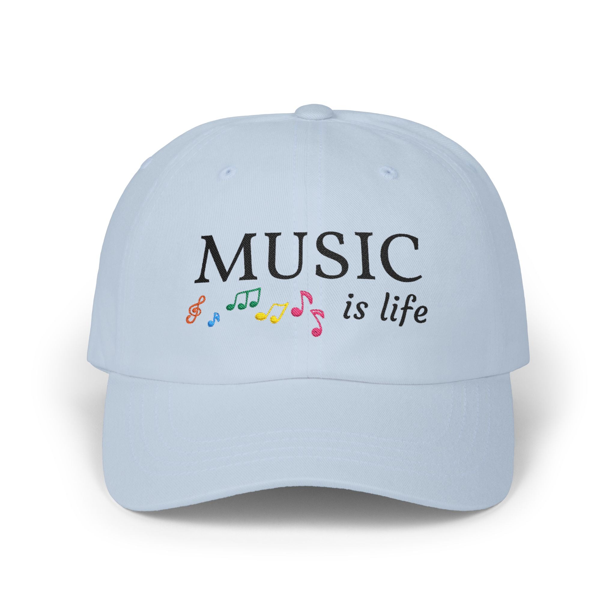 Light blue embroidered classic dad cap hat with a Music is Life text and graphic Front view