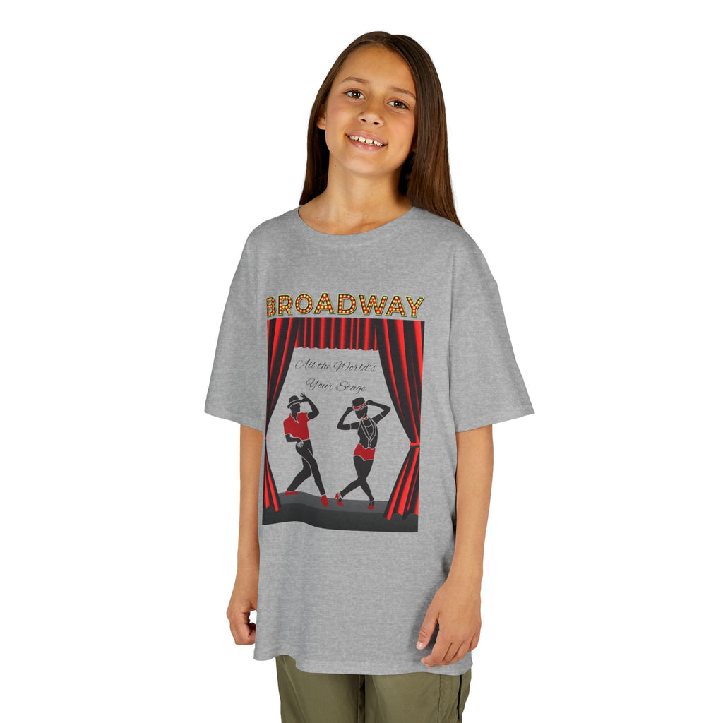 Young girl wearing a youth Gildan 5000B heavy cotton t-shirt in sport grey with a Broadway text and graphic