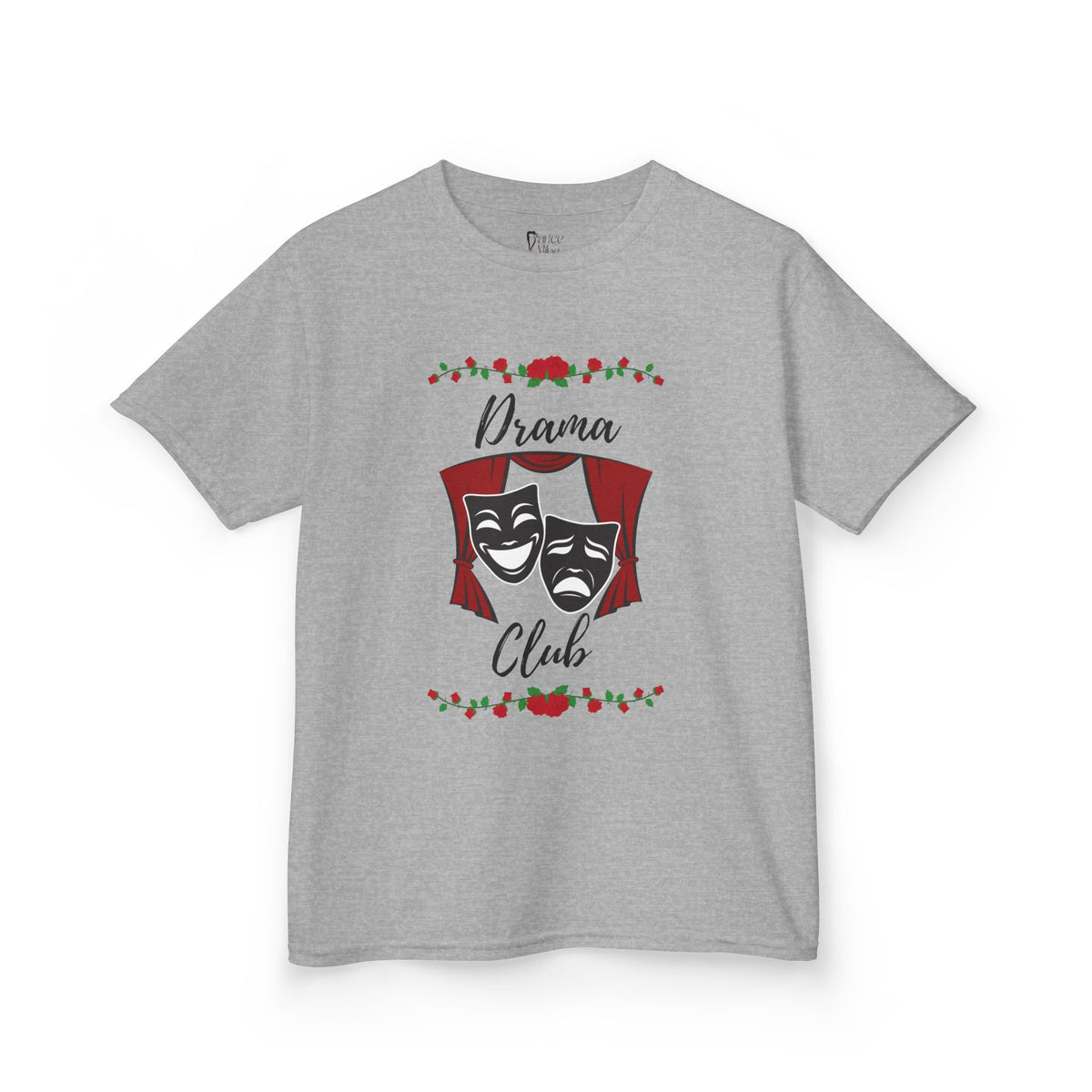 Front view of a youth Gildan 5000B heavy cotton t-shirt in sport grey with a Drama Club text and graphic 