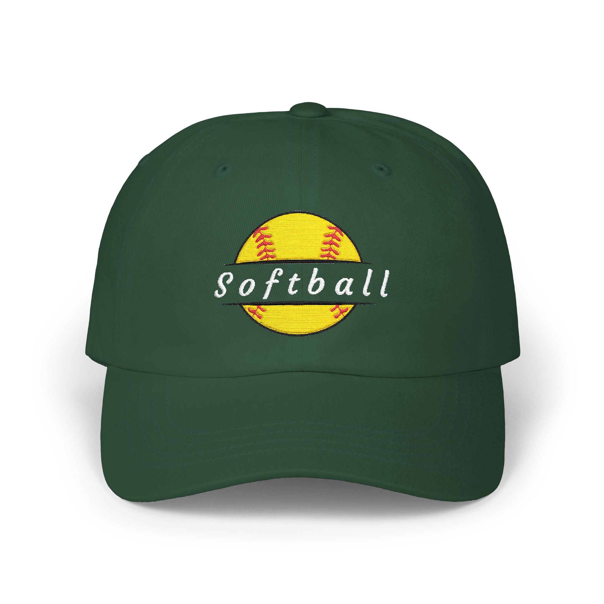 Spruce cap with an embroidered yellow softball graphic and text.