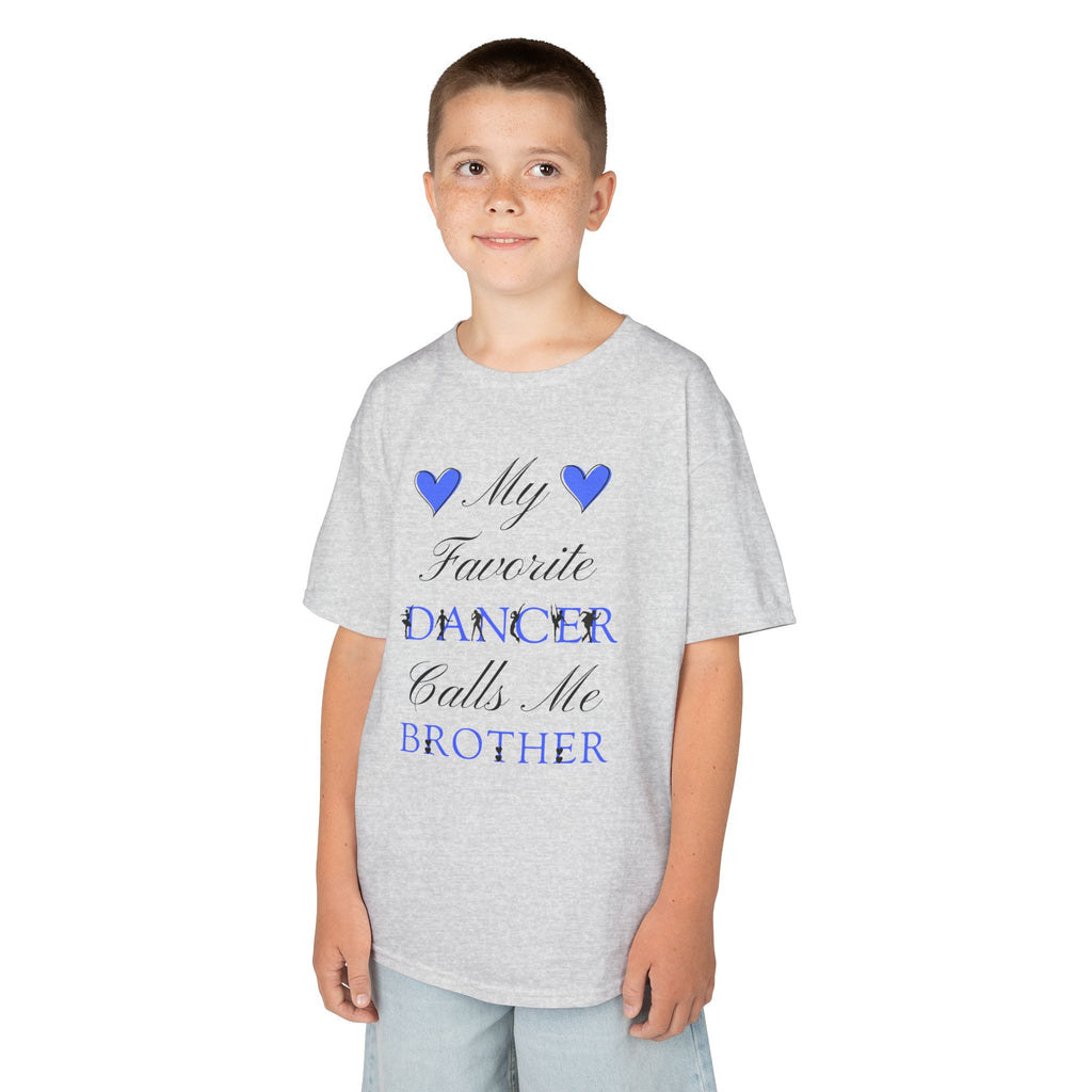 A young boy wearing an ash t-shirt with a graphic that reads My Favorite Dancer Calls Me Brother.