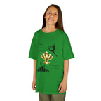 Young girl wearing a youth Gildan 5000B heavy cotton t-shirt in irish green with a Dance Competition theme