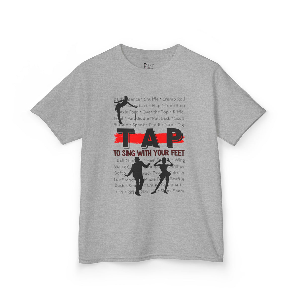 Front view of a youth Gildan 5000B heavy cotton t-shirt in sport grey with a Tap text and design