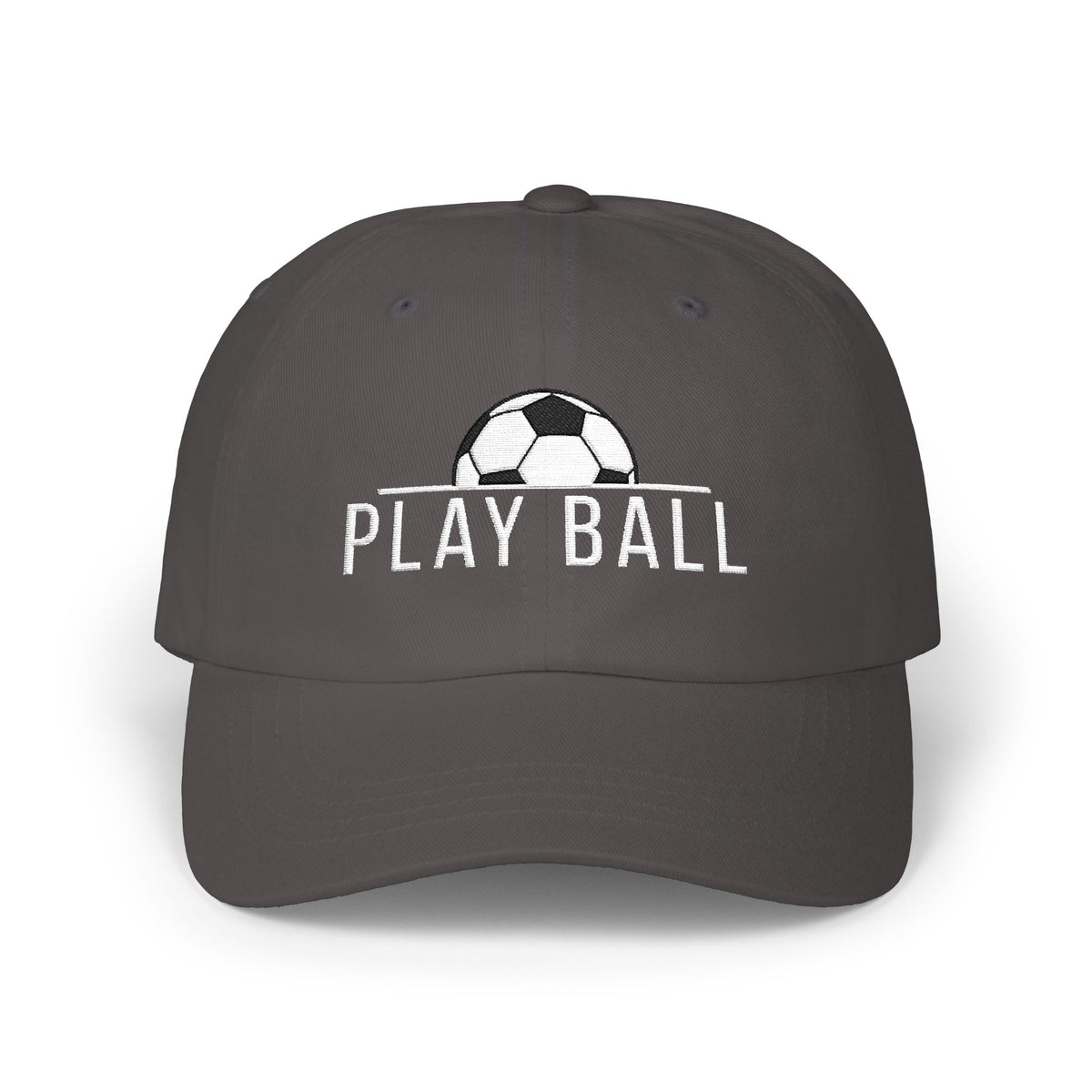 A dark grey baseball cap featuring a white embroidered soccer ball graphic and the text PLAY BALL on the front.