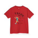 Front view of a youth Gildan 5000B heavy cotton t-shirt in red showing a boy running Track