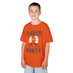 Young boy wearing a youth Gildan 5000B heavy cotton t-shirt in orange with a Halloween Dance Party theme