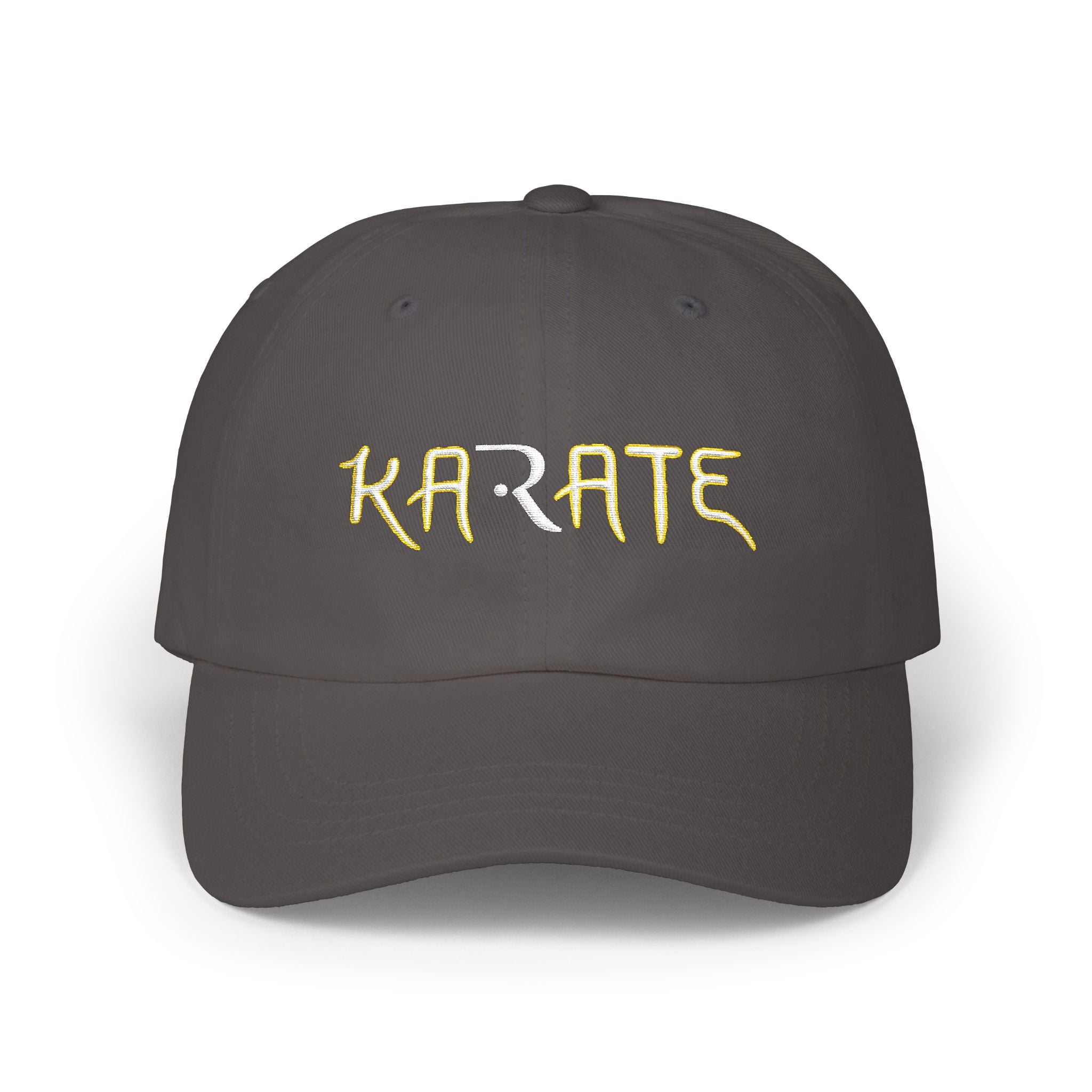 Dark grey embroidered classic dad cap hat with a Karate text and graphic Front view