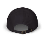 Back view of a black cap with an adjustable strap.