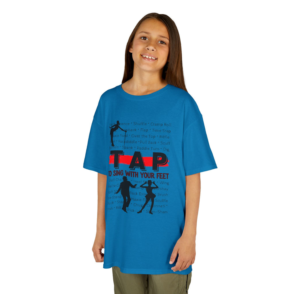 Young girl wearing a youth Gildan 5000B heavy cotton t-shirt in sapphire with a Tap text and design