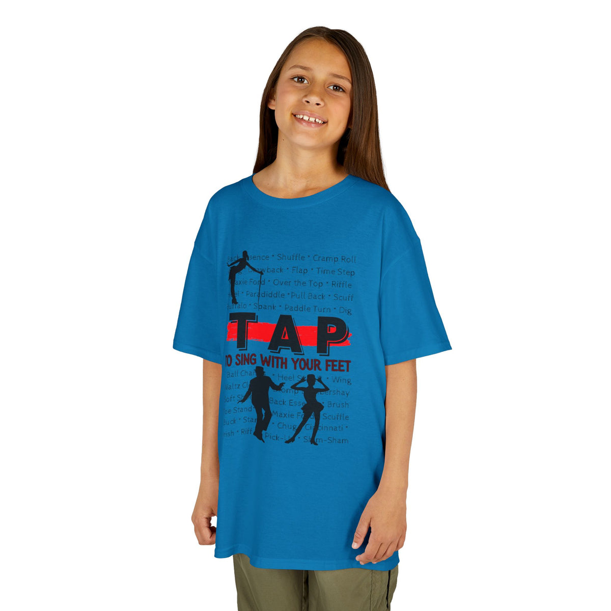 Young girl wearing a youth Gildan 5000B heavy cotton t-shirt in sapphire with a Tap text and design