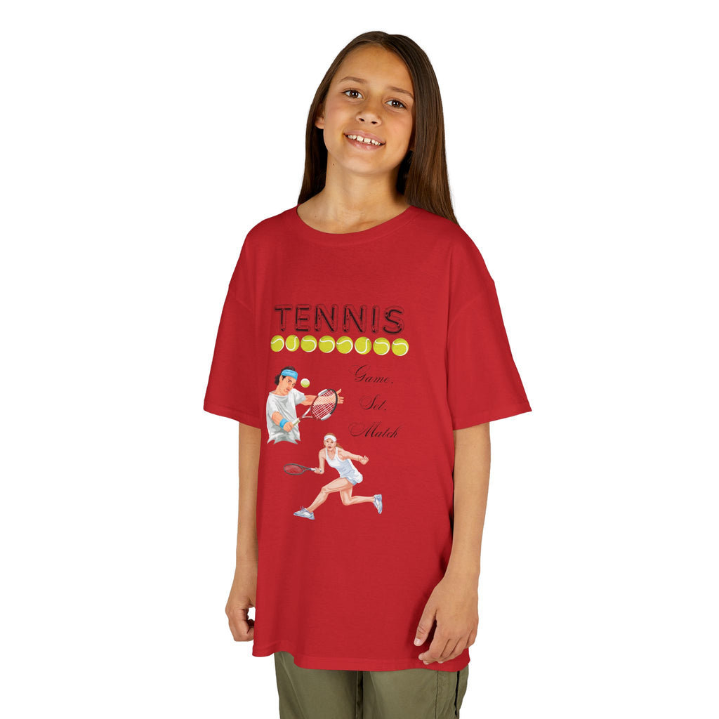 Young girl wearing a youth Gildan 5000B heavy cotton t-shirt in red with a Tennis text and graphic