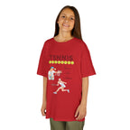 Young girl wearing a youth Gildan 5000B heavy cotton t-shirt in red with a Tennis text and graphic