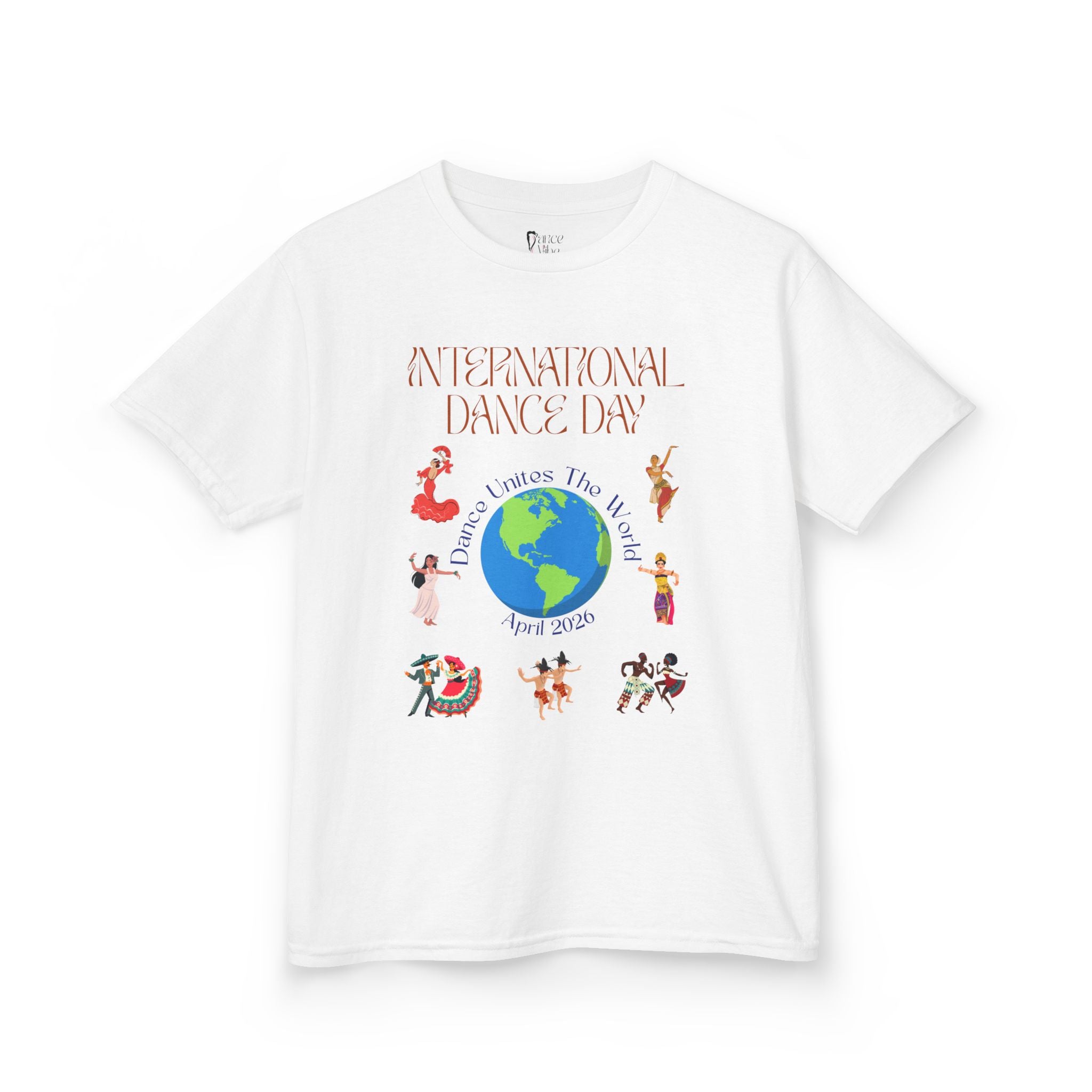 Front view of a youth Gildan 5000B heavy cotton t-shirt in white with an International Dance Day theme 