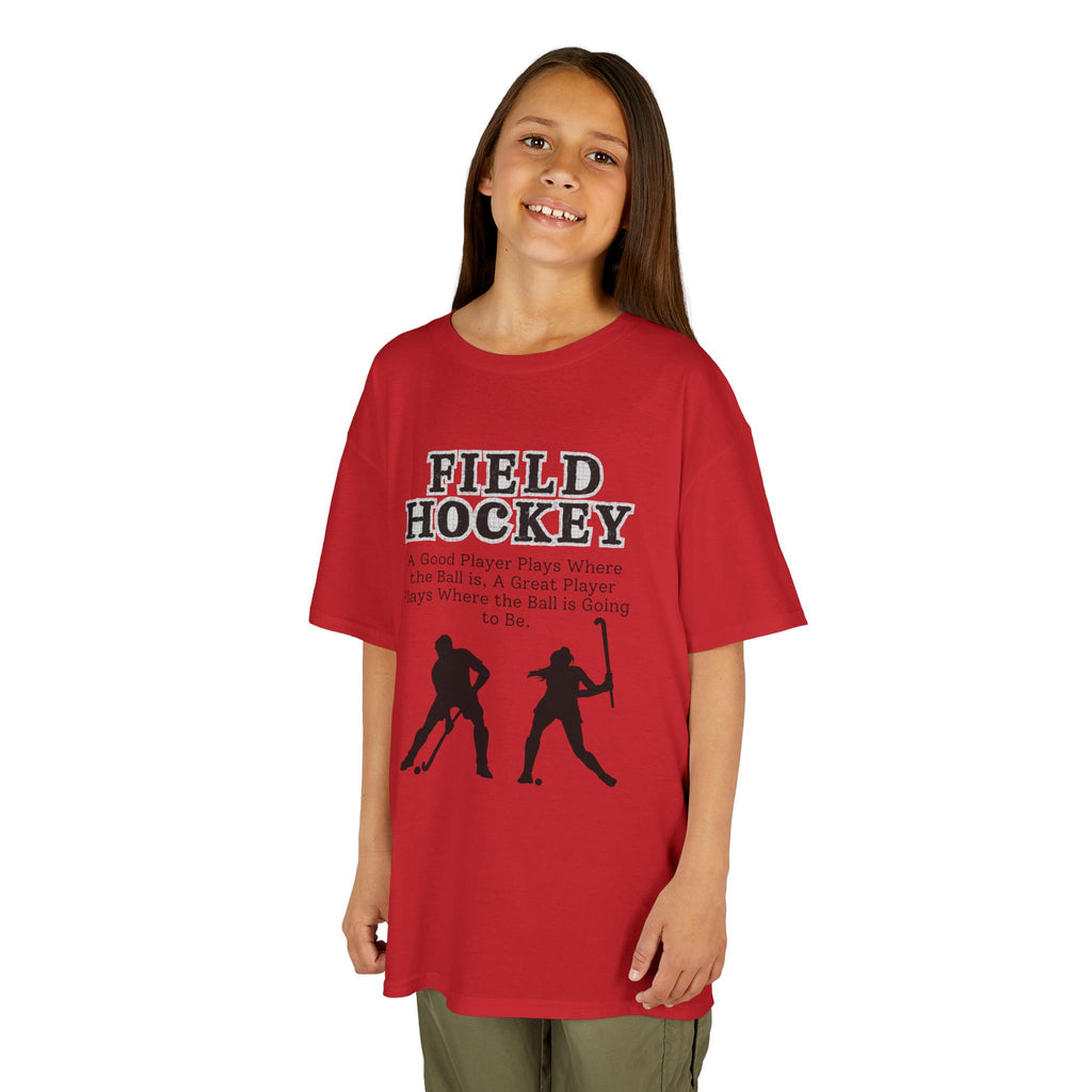 Young girl wearing a youth Gildan 5000B heavy cotton t-shirt in red with a Field Hockey text and graphic