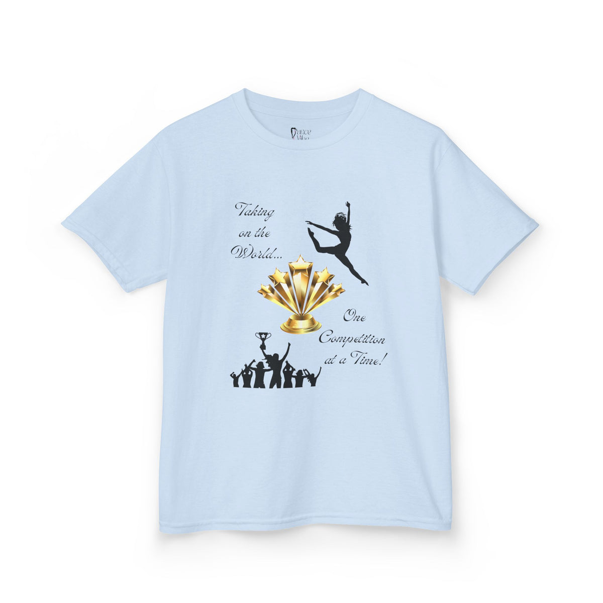 Front view of a youth Gildan 5000B heavy cotton t-shirt in light blue with a Dance Competition theme