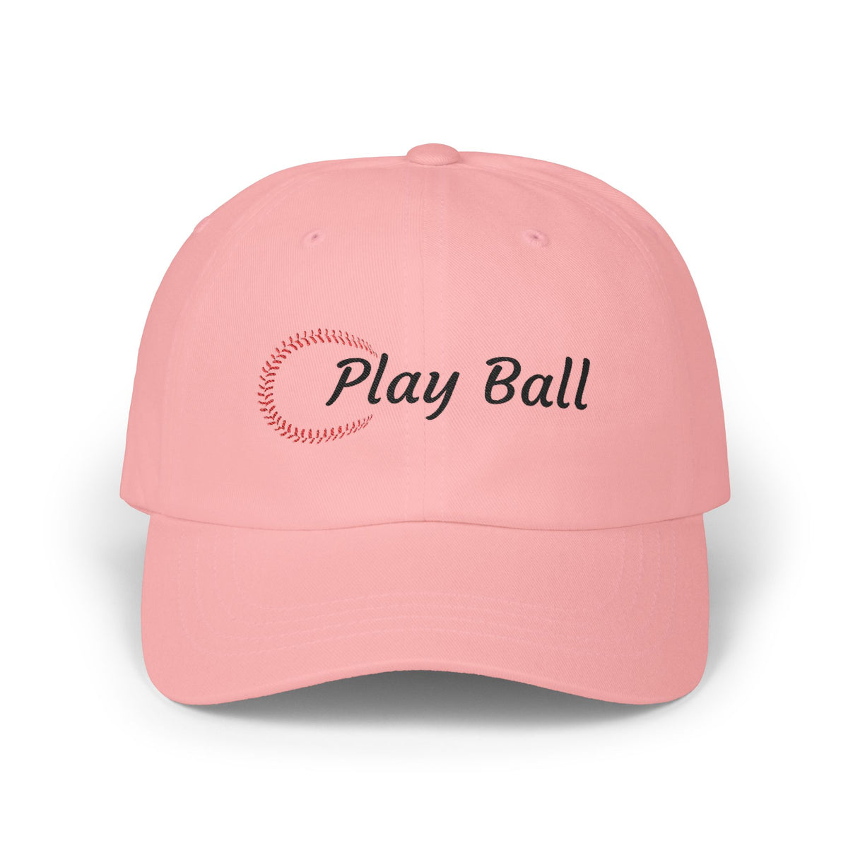 Pink embroidered classic dad cap hat with Play Ball text and baseball graphic Front view