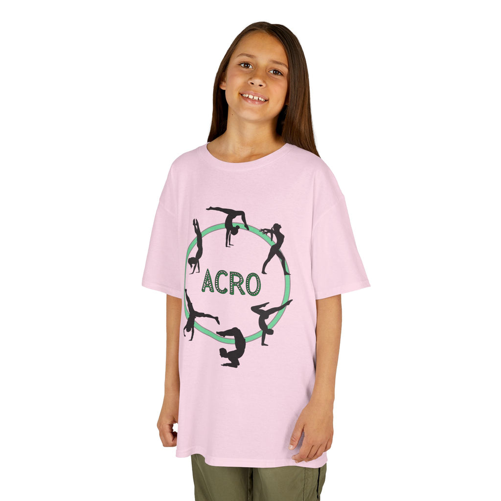 Young girl wearing a youth Gildan 5000B heavy cotton t-shirt in light pink with an Acro Gymnastics theme