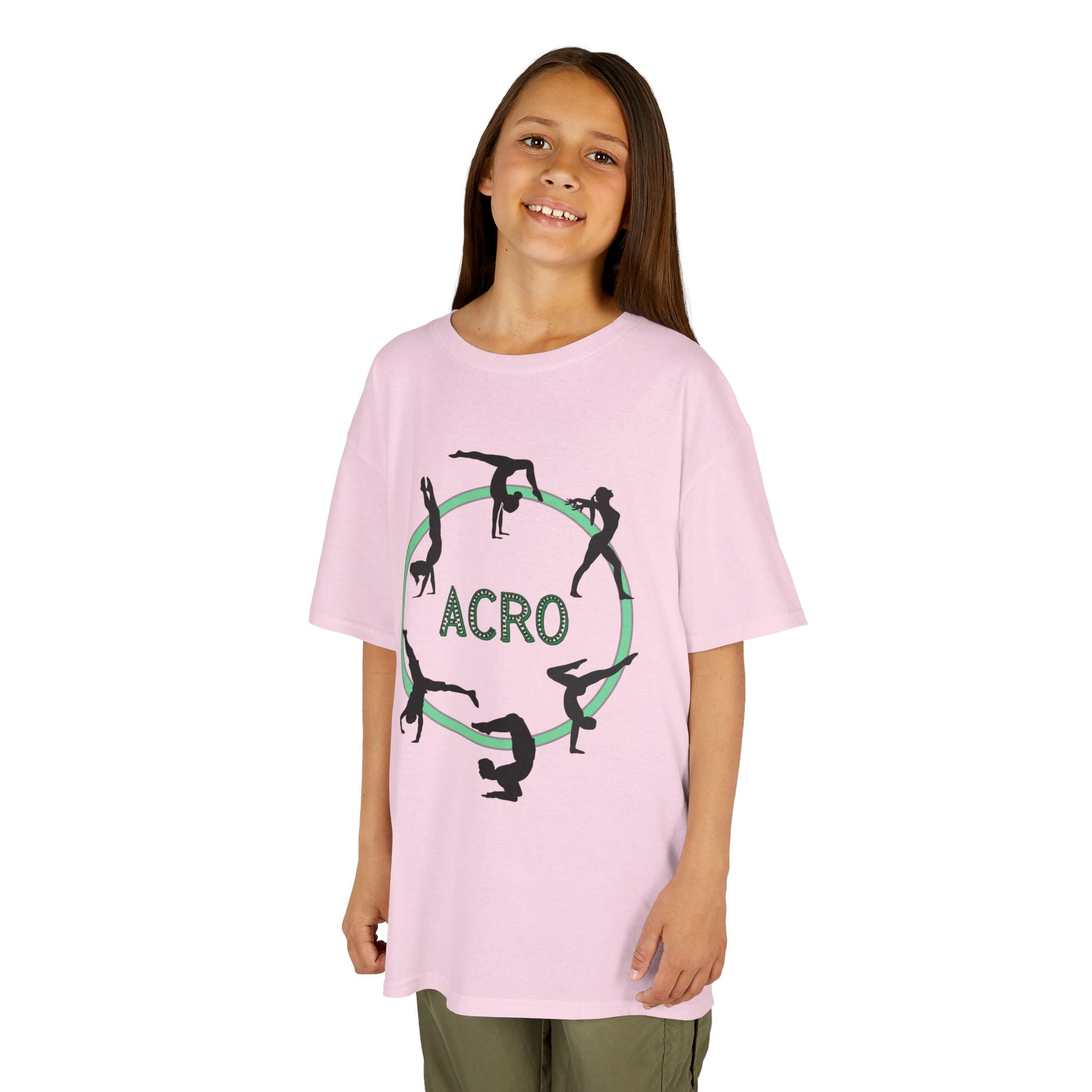 Young girl wearing a youth Gildan 5000B heavy cotton t-shirt in light pink with an Acro Gymnastics theme