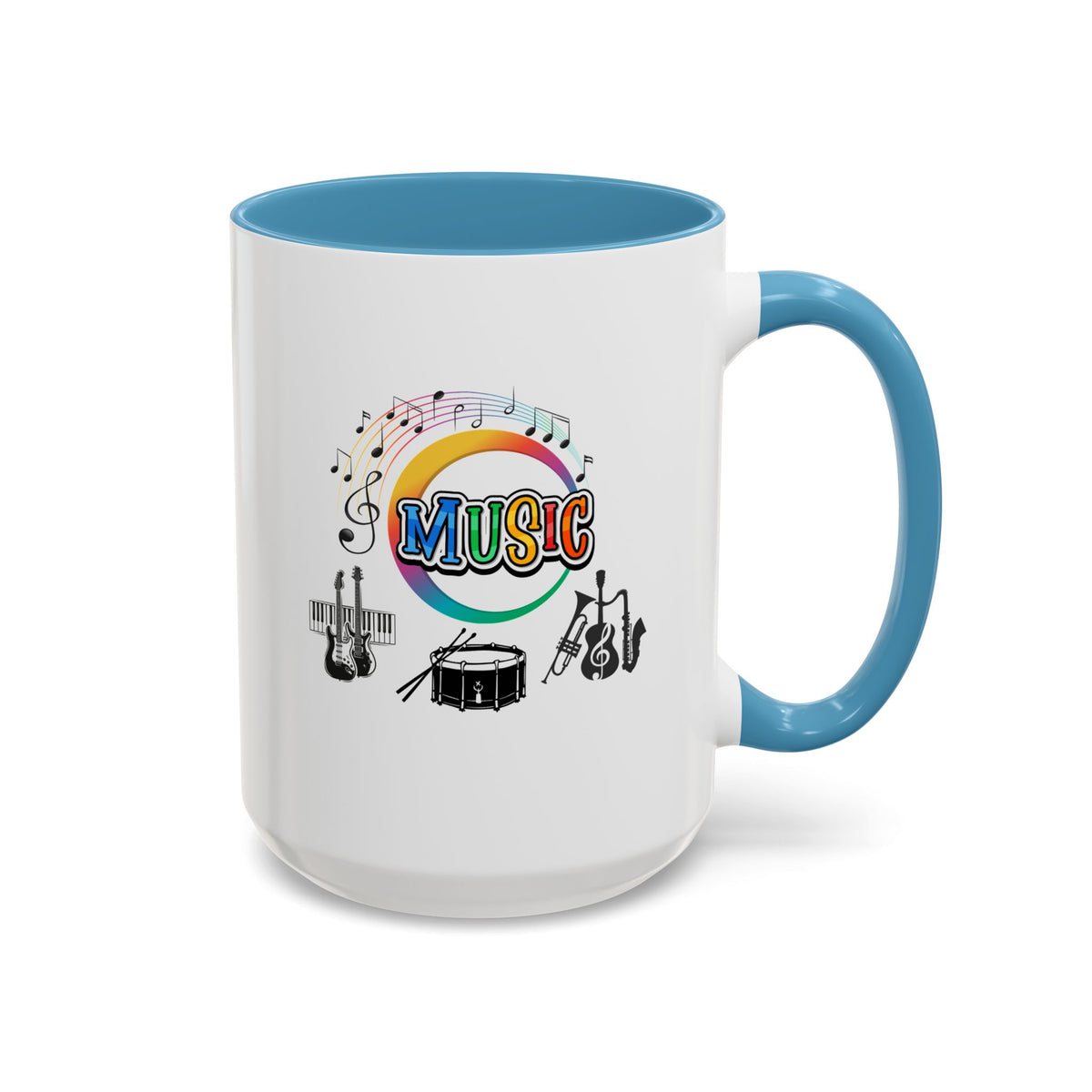 15oz white ceramic Music Instrument mug with light blue handle and interior Right handed view