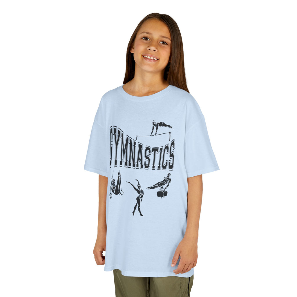 Young girl wearing a youth Gildan 5000B heavy cotton t-shirt in light blue with a gymnastics text and graphic