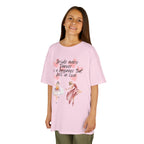 Young girl wearing a youth Gildan 5000B heavy cotton t-shirt in light pink with an Inside Every Dancer is a Beginner that Fell in Love theme
