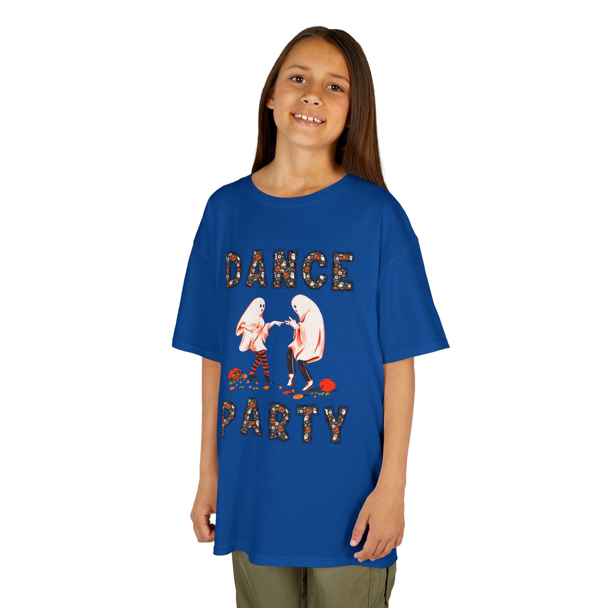 Young girl wearing a youth Gildan 5000B heavy cotton t-shirt in royal with a Halloween Dance Party theme