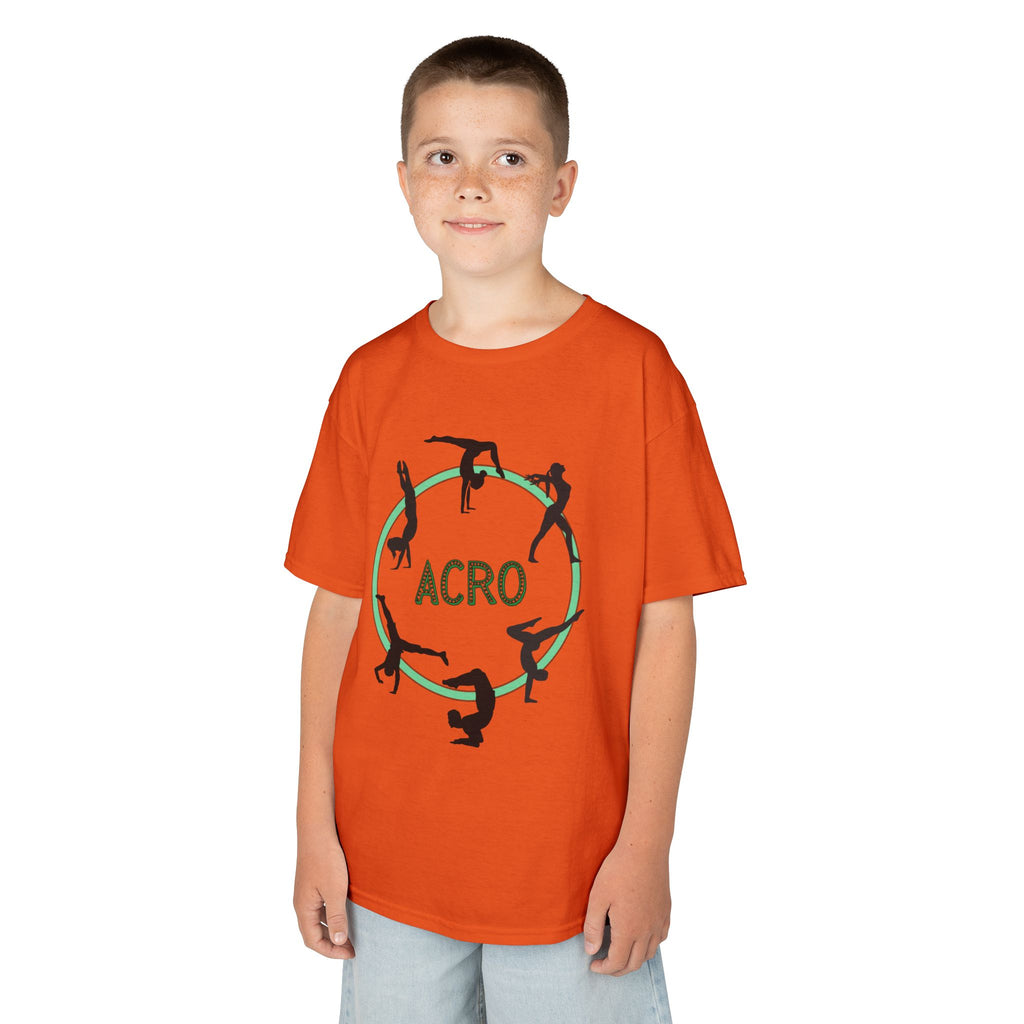 Young boy wearing a youth Gildan 5000B heavy cotton t-shirt in orange with an Acro Gymnastics theme