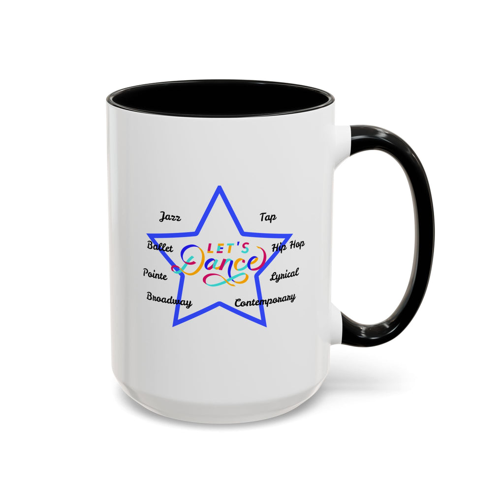 15oz white ceramic Let's Dance mug with black handle and interior Right handed view