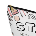 Makeup-themed pouch with cosmetic illustrations and text on a white background close up of black zipper