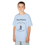 Young boy wearing a youth Gildan 5000B heavy cotton t-shirt in light blue showing a boy playing Volleyball