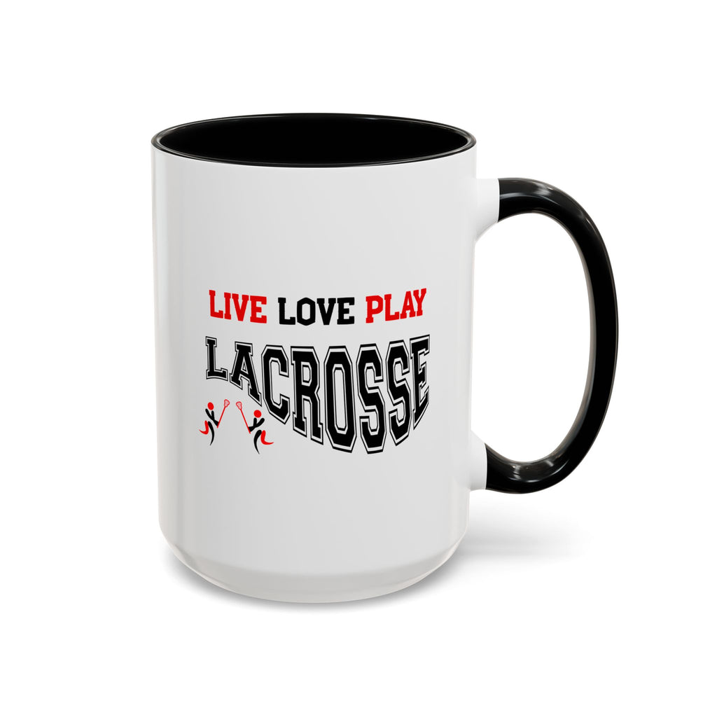 15oz white ceramic Lacrosse mug with black handle and interior Right handed view