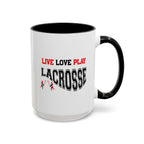 15oz white ceramic Lacrosse mug with black handle and interior Right handed view