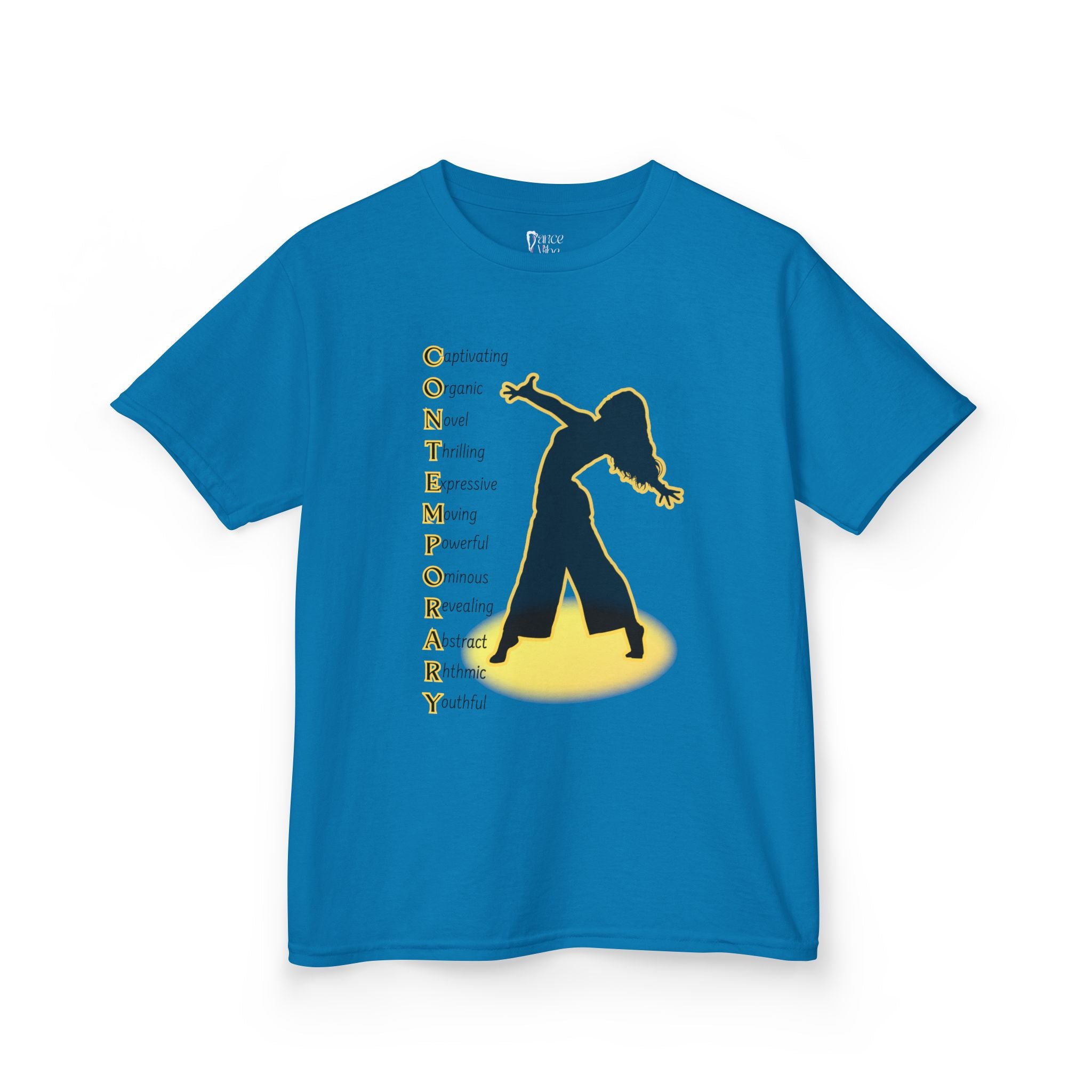 Front view of a youth Gildan 5000B heavy cotton t-shirt in sapphire with a Contemporary Dance text and graphic