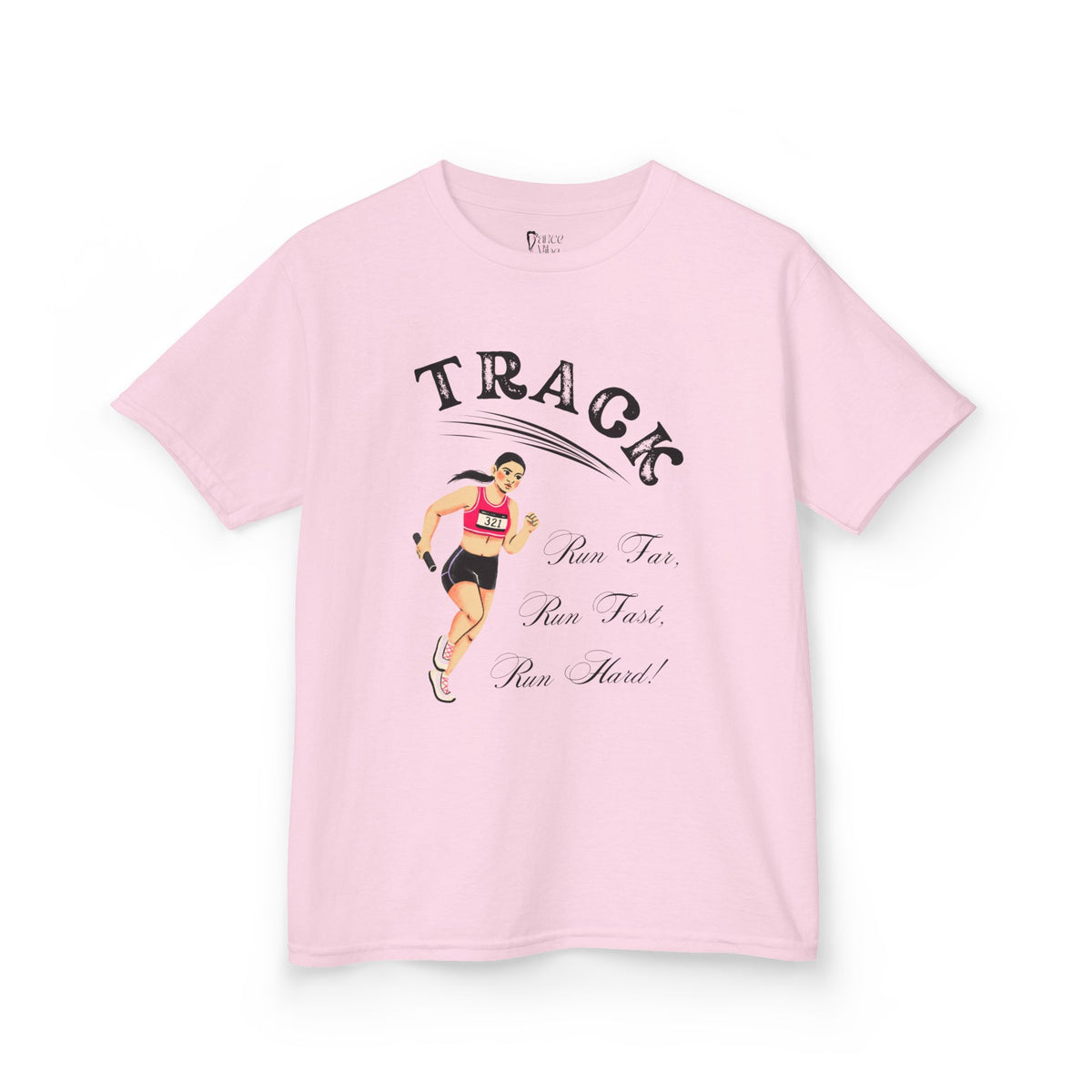 Front view of a youth Gildan 5000B heavy cotton t-shirt in light pink showing a girl running Track