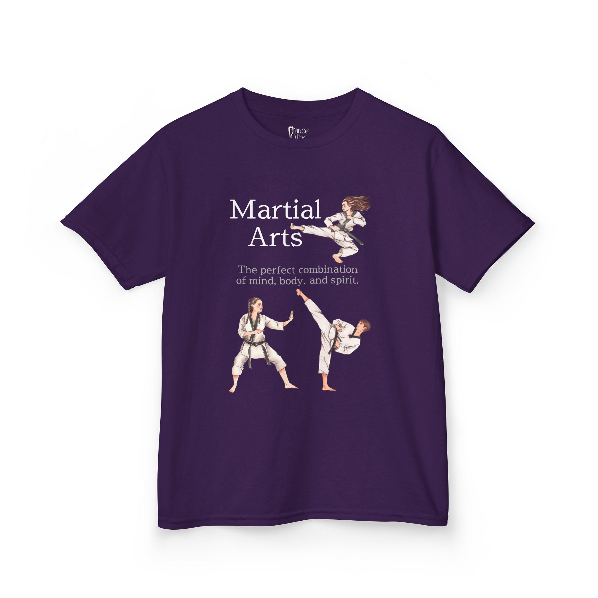 Front view of a youth Gildan 5000B heavy cotton t-shirt in purple with a Martial Arts text and graphic